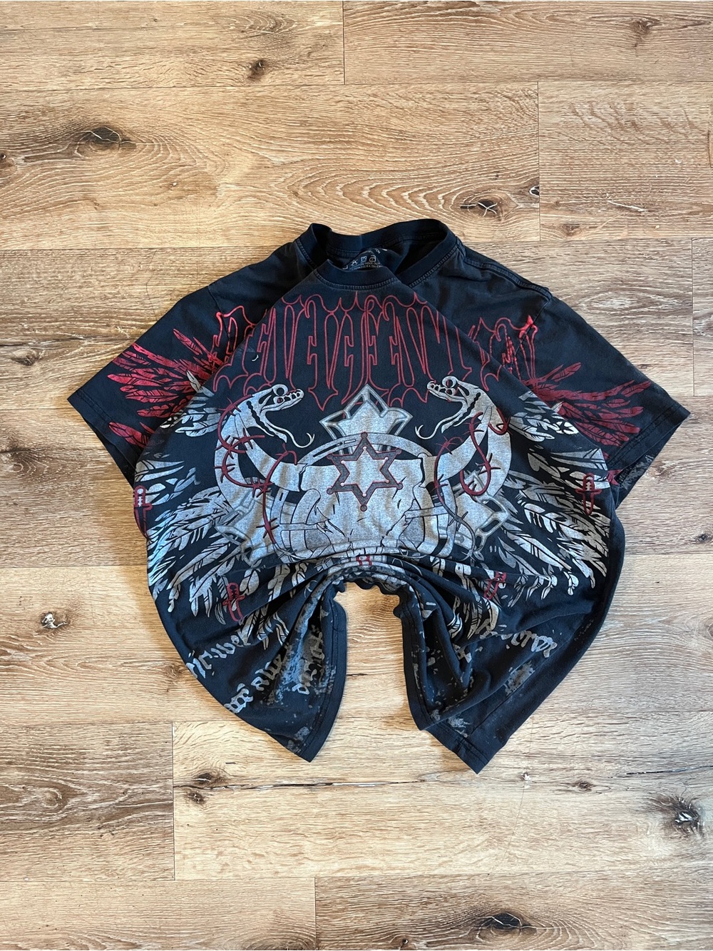 Warehouse Black Short Sleeve Graphic Tee with Red and Gray Design